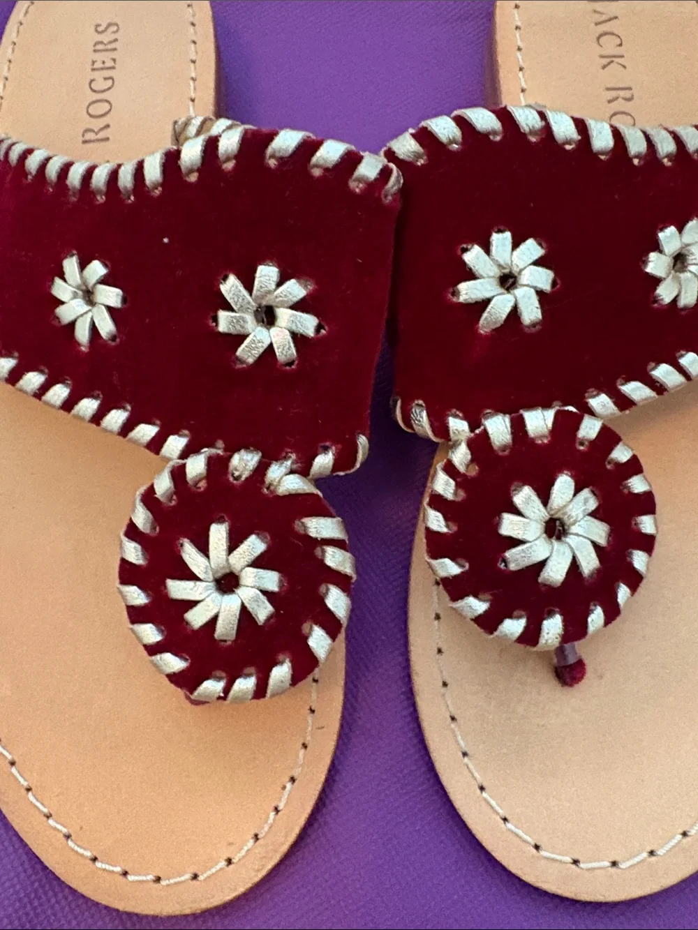 Jack Rogers kids Burgundy Velvet Flip Sandals with Silver Accents